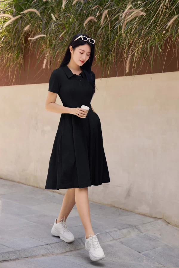 Đầm polo can eo, chân 2 lớp dáng A chất vải waffle mềm mại, thấm hút