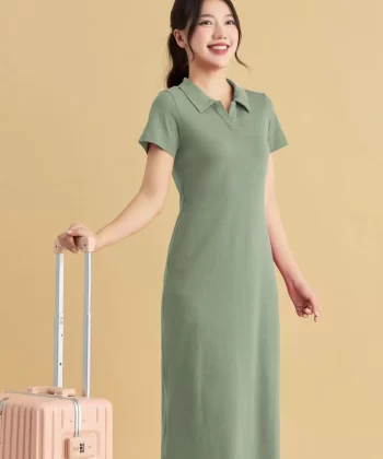 Alternative view of Đầm polo chất liệu cotton dáng dài xẻ gấu cổ đức trẻ trung
