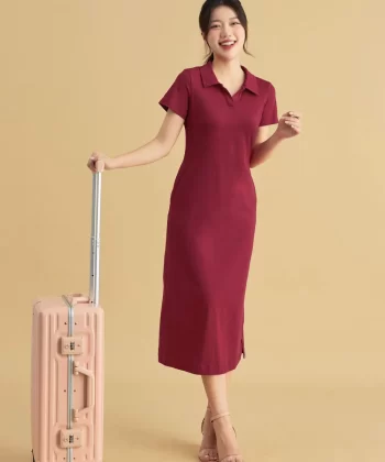 Đầm polo chất liệu cotton dáng dài xẻ gấu cổ đức trẻ trung