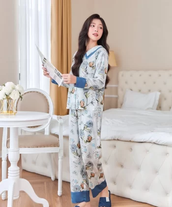 Bộ lụa dài tay quần dài cổ sen chất lụa Latin cao cấp, thoáng mát