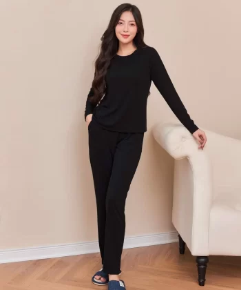 Bộ thu đông mặc nhà chất tăm Hàn quần dài tay dài cổ tròn